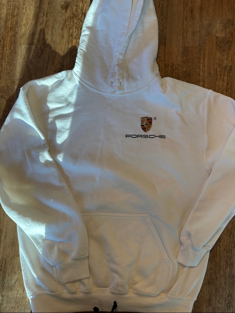 Gildan White Crewneck Hoodie with Small Porsche Crest